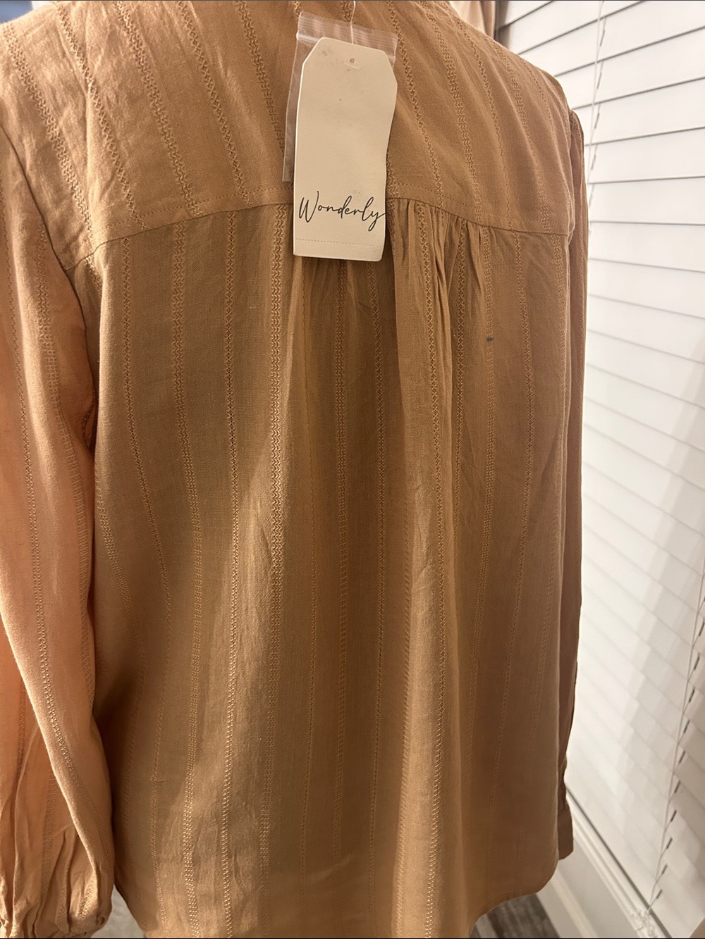 Wonderly Light Tan Ruffle-Neck Button-Down Blouse - Picture 5 of 6